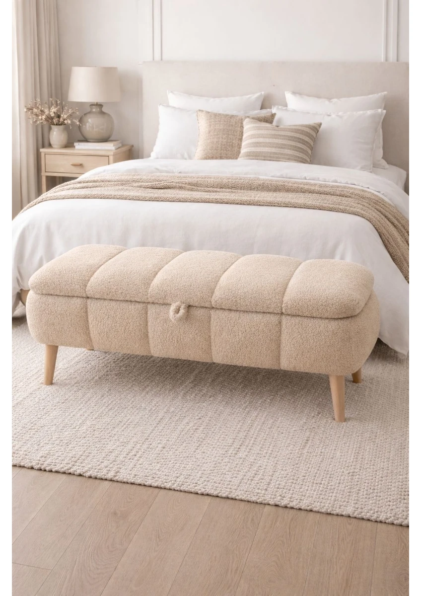 Sara Sandıklı Puf Bench, Teddy Kumaş Kaplamalı Ahşap Ayaklı Modern Bench Puf